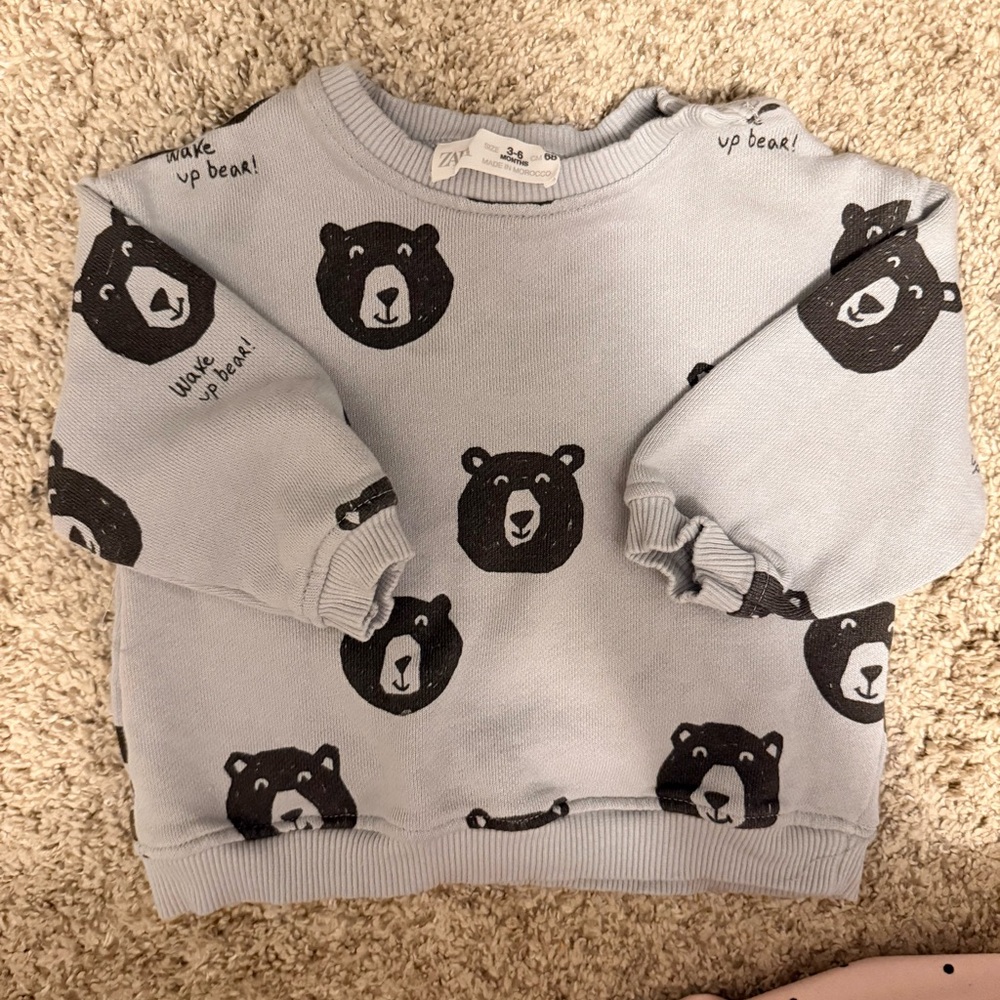 Zara Kids baby unisex Pale Blue Sweatshirt with Black Bear Faces in 3-6M